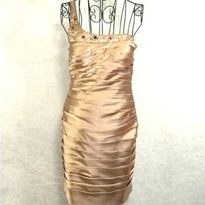 Adrianna Papell One-Shoulder Ruched Satin Dress in Champagne Gold